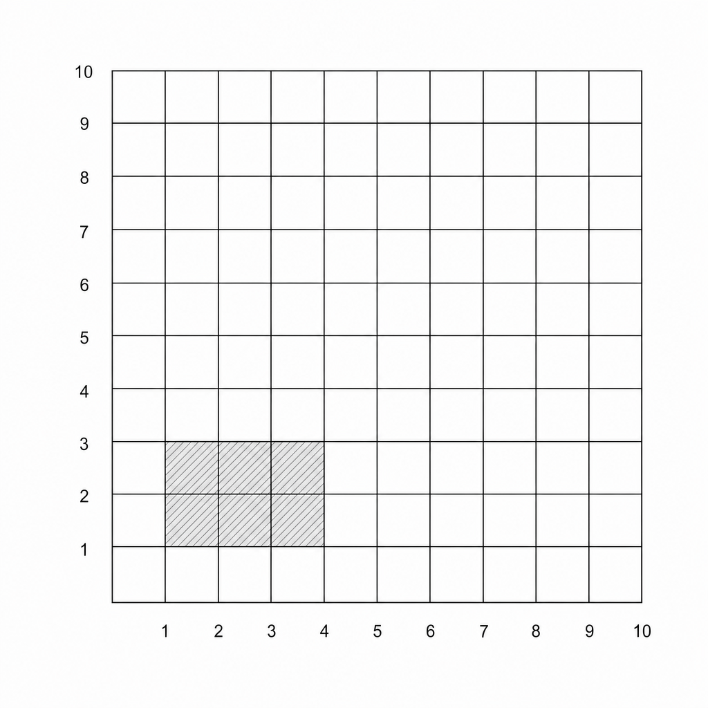 A 10x10 grid with a shaded rectangle that is 3 units wide and 2 units high.
