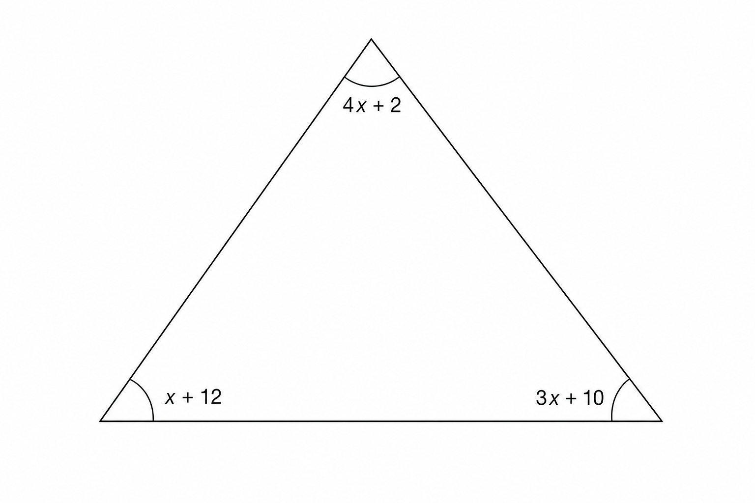 A triangle with three interior angles labeled: 4x + 2, x + 12, and 3x + 10.