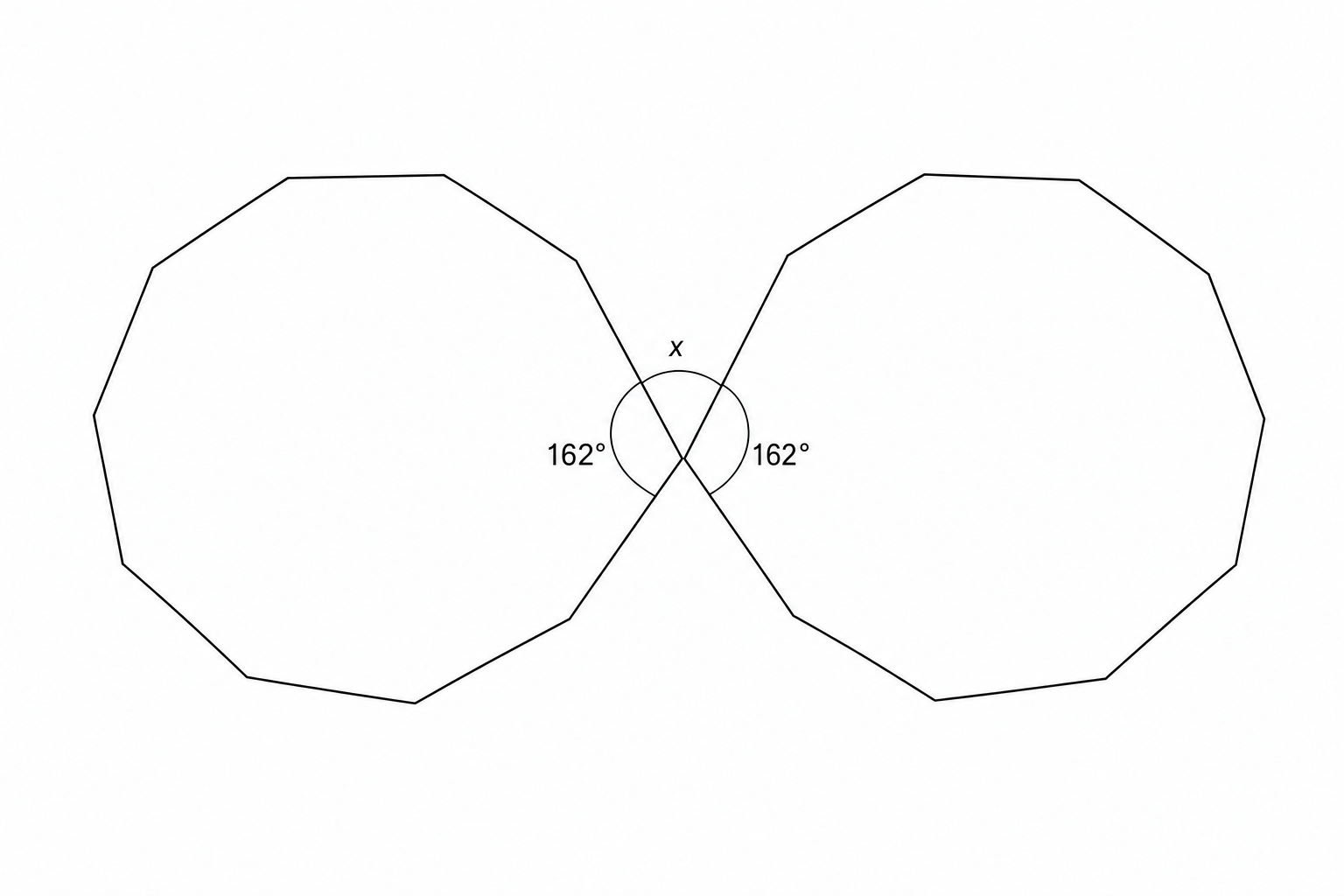Diagram showing two regular decagons meeting at a point.