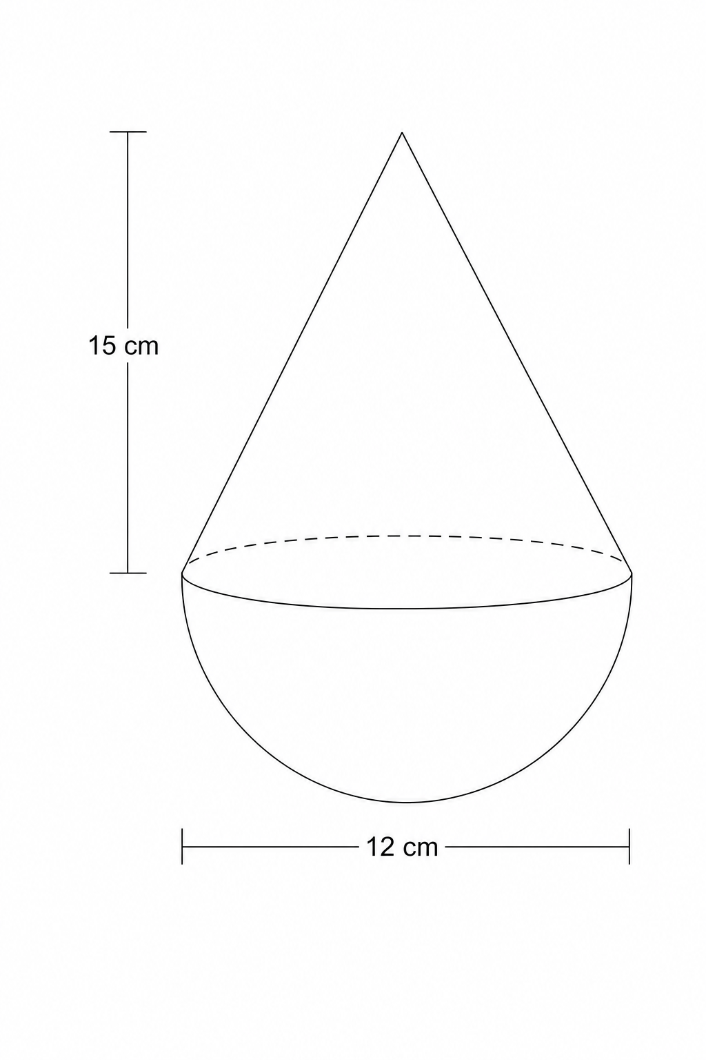 Diagram of a solid shape consisting of a cone on top of a hemisphere.