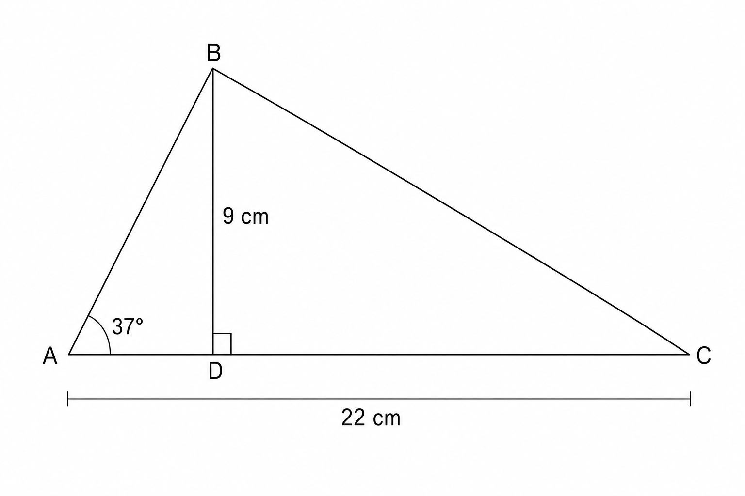 A right-angled triangle ABC with the right angle at D. The height BD is 9 cm, and the base AC is 22 cm. The angle at A is 37 degrees.