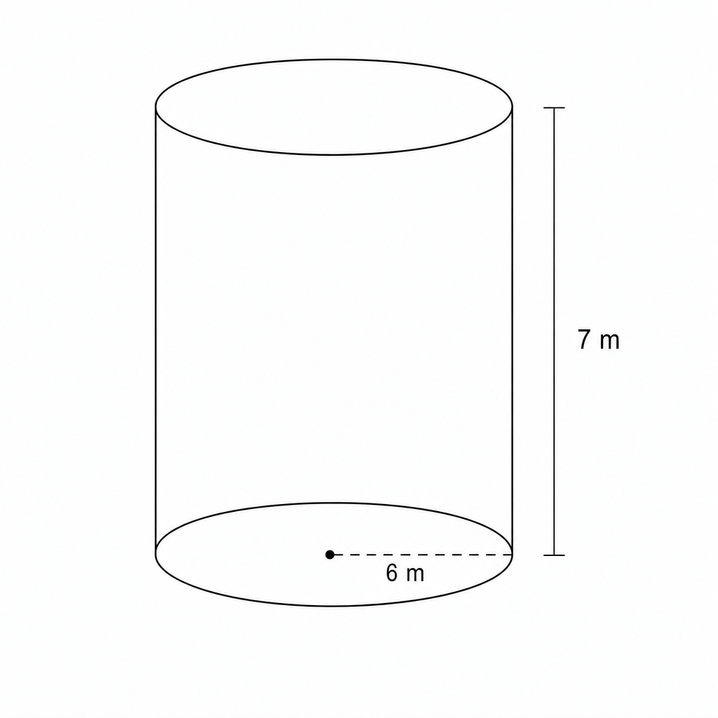 Diagram of a solid cylinder with radius 6 m and height 7 m.