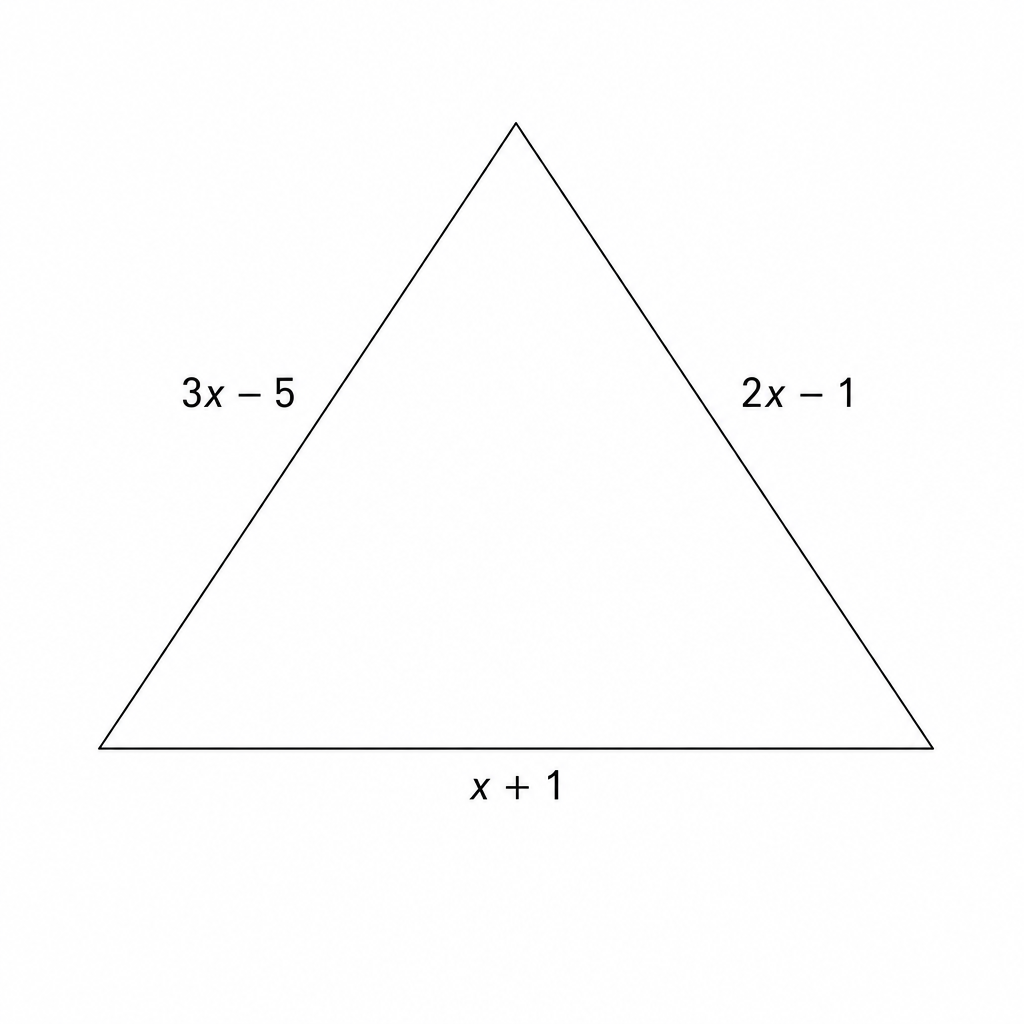 A triangle with side lengths labeled as 3x - 5, 2x - 1, and x + 1.