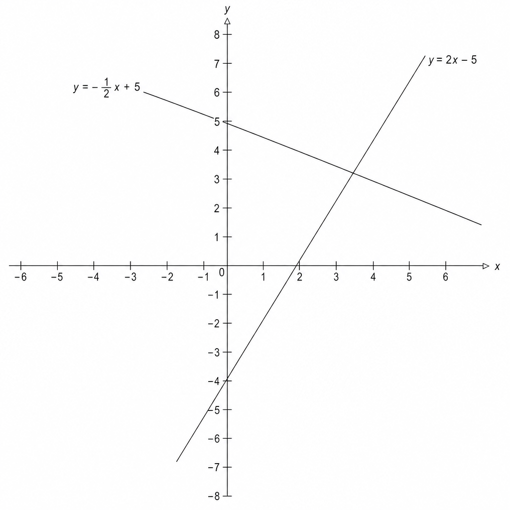 A Cartesian coordinate system showing two intersecting straight lines. One line has a positive slope and the other has a negative slope. They intersect in the first quadrant.