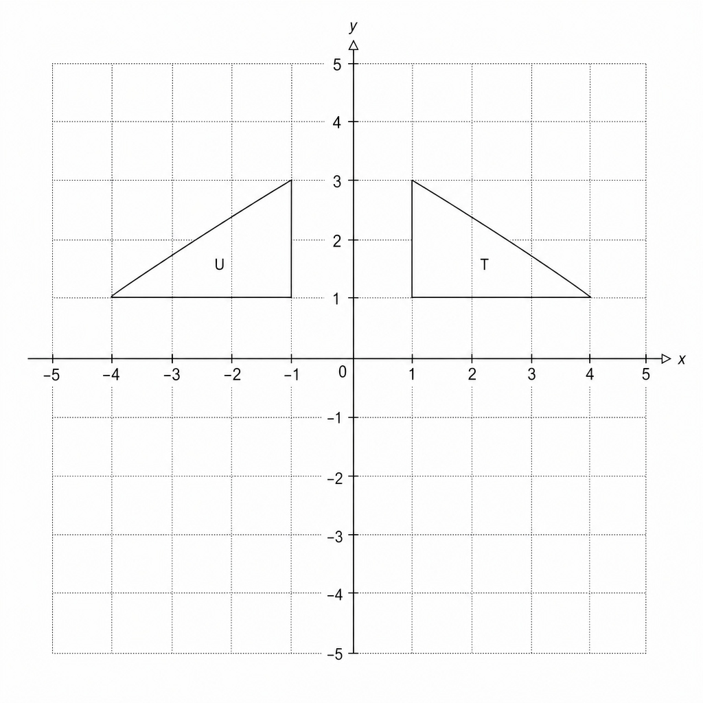 A coordinate plane with x and y axes. Two triangles, T and U, are shown. Triangle T has vertices at (1, 1), (4, 1), and (1, 3). Triangle U has vertices at (-1, 1), (-4, 1), and (-1, 3).