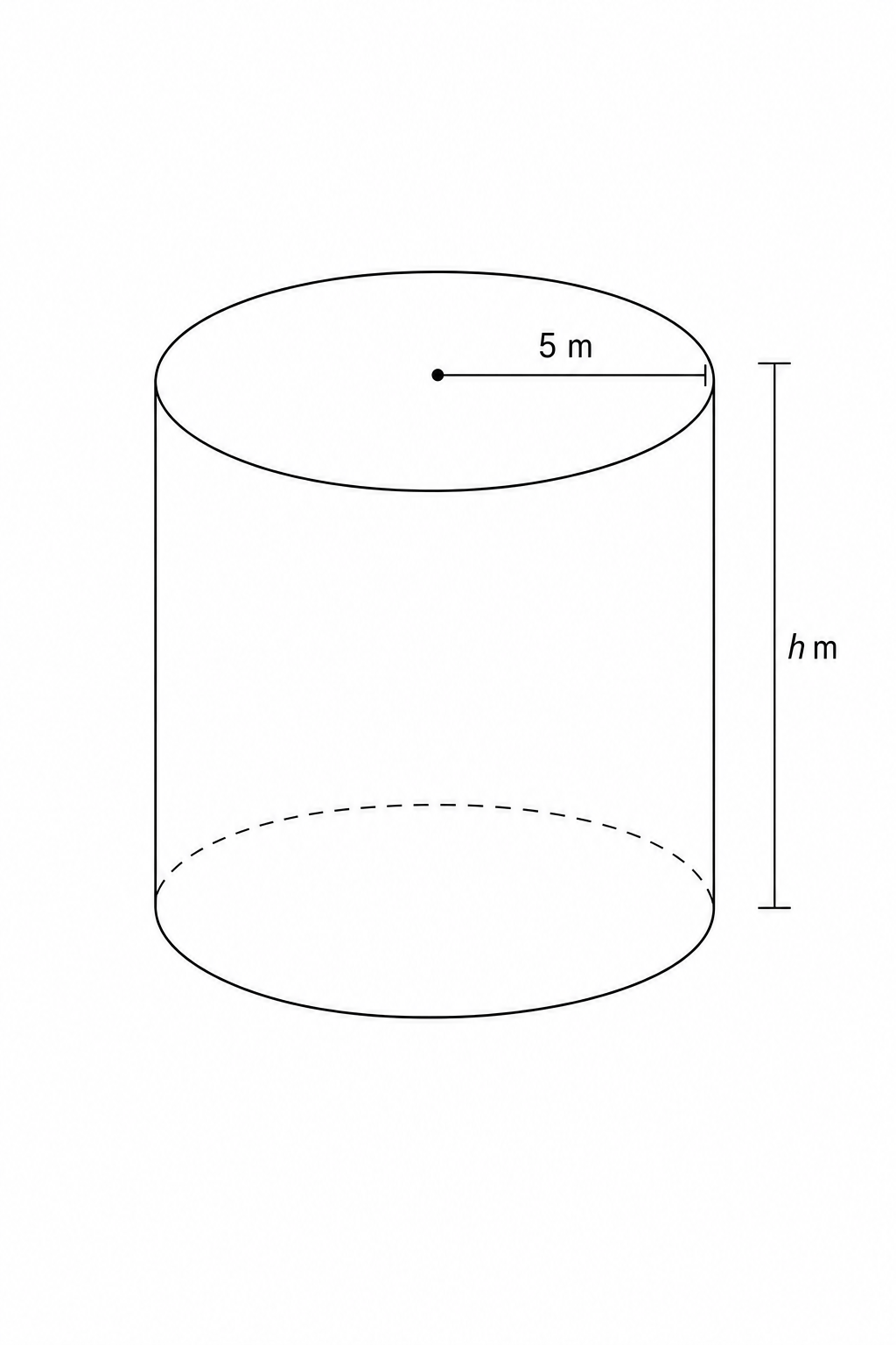 Diagram of a solid cylinder with radius 5 m and height h m.