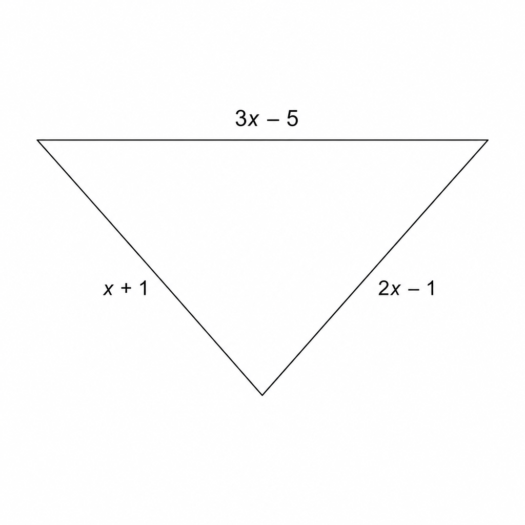 A triangle with side lengths labeled as 3x - 5, 2x - 1, and x + 1.