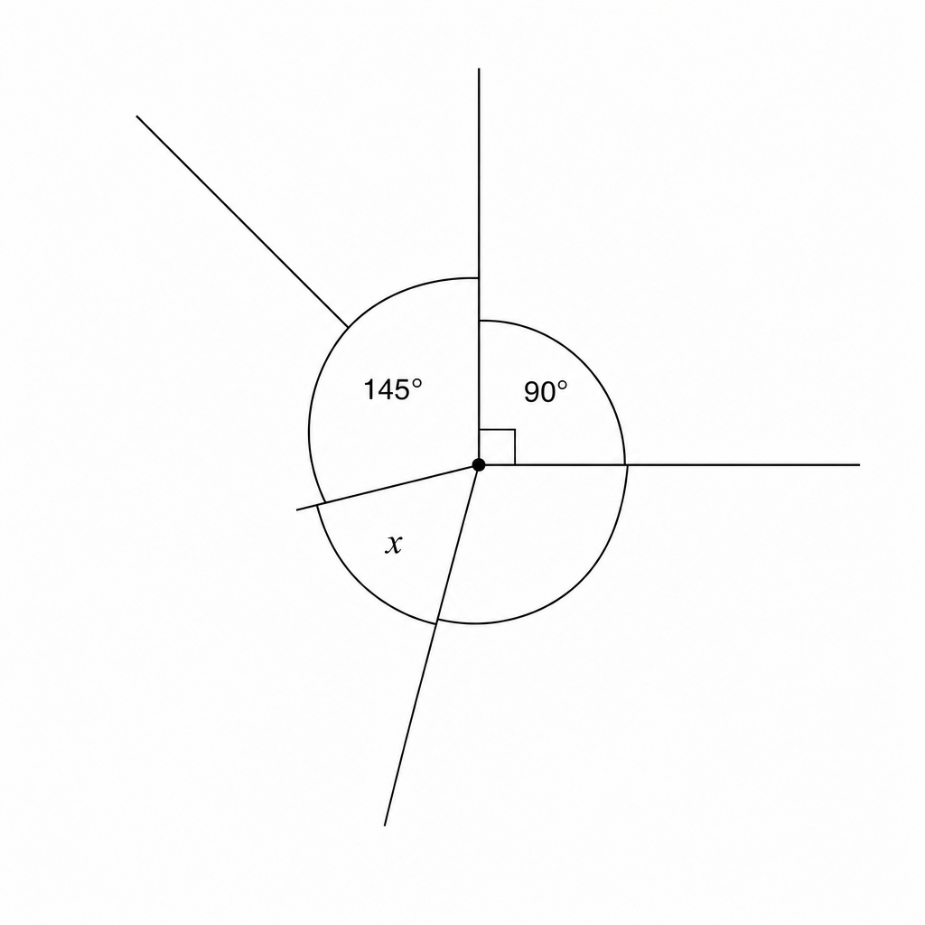 Diagram showing angles around a point including 90 and 145 degrees.