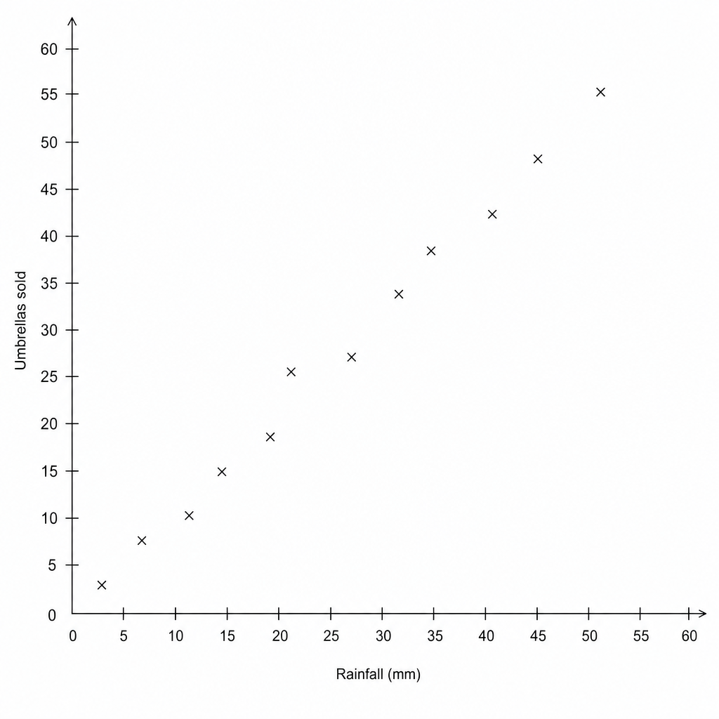 Scatter graph showing Rainfall in mm (x-axis) and Umbrellas sold (y-axis) for 12 days.