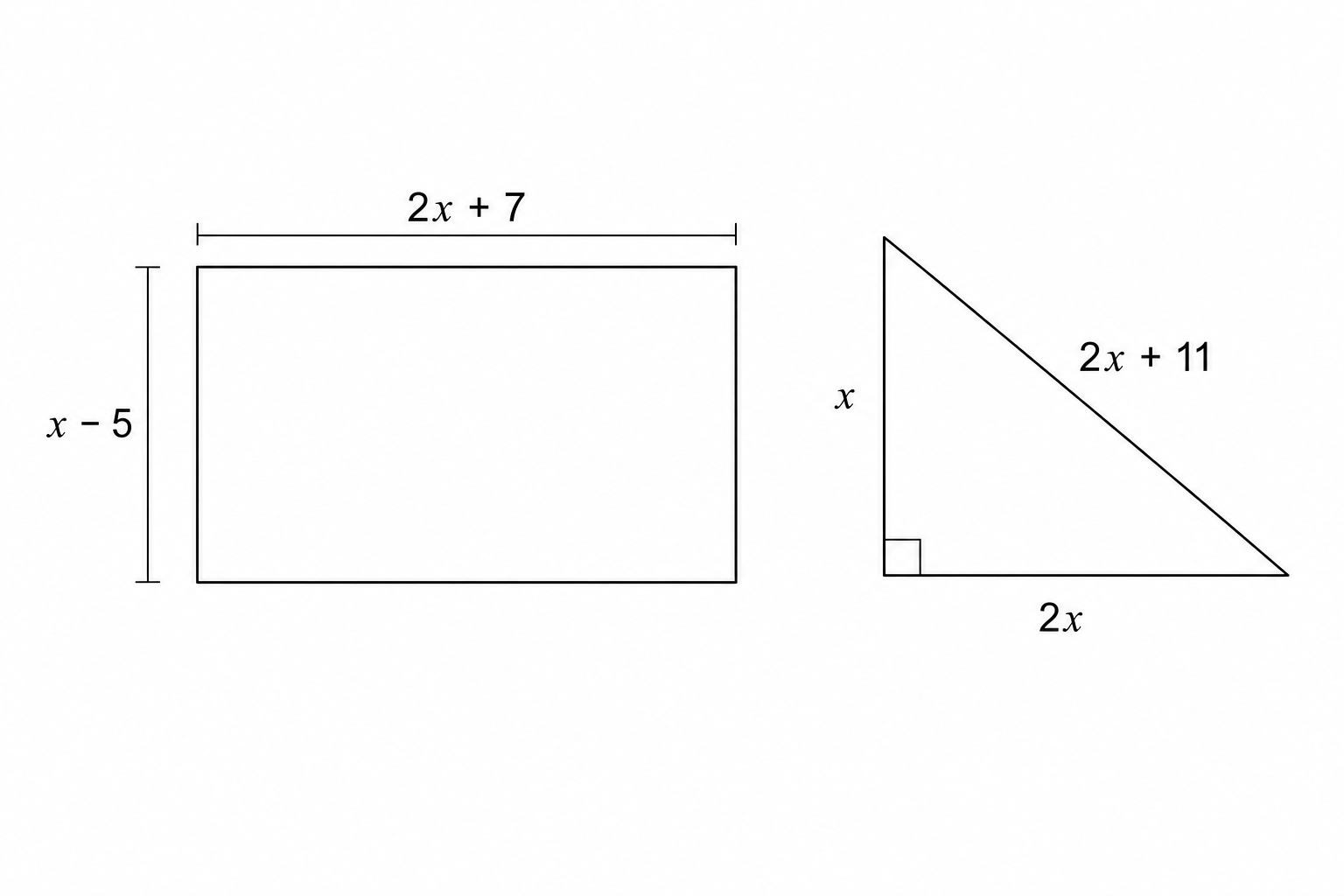 A rectangle and a right-angled triangle. The rectangle has a length of 2x + 7 and a width of x - 5. The triangle has a vertical side of x, a horizontal side of 2x, and a hypotenuse of 2x + 11.