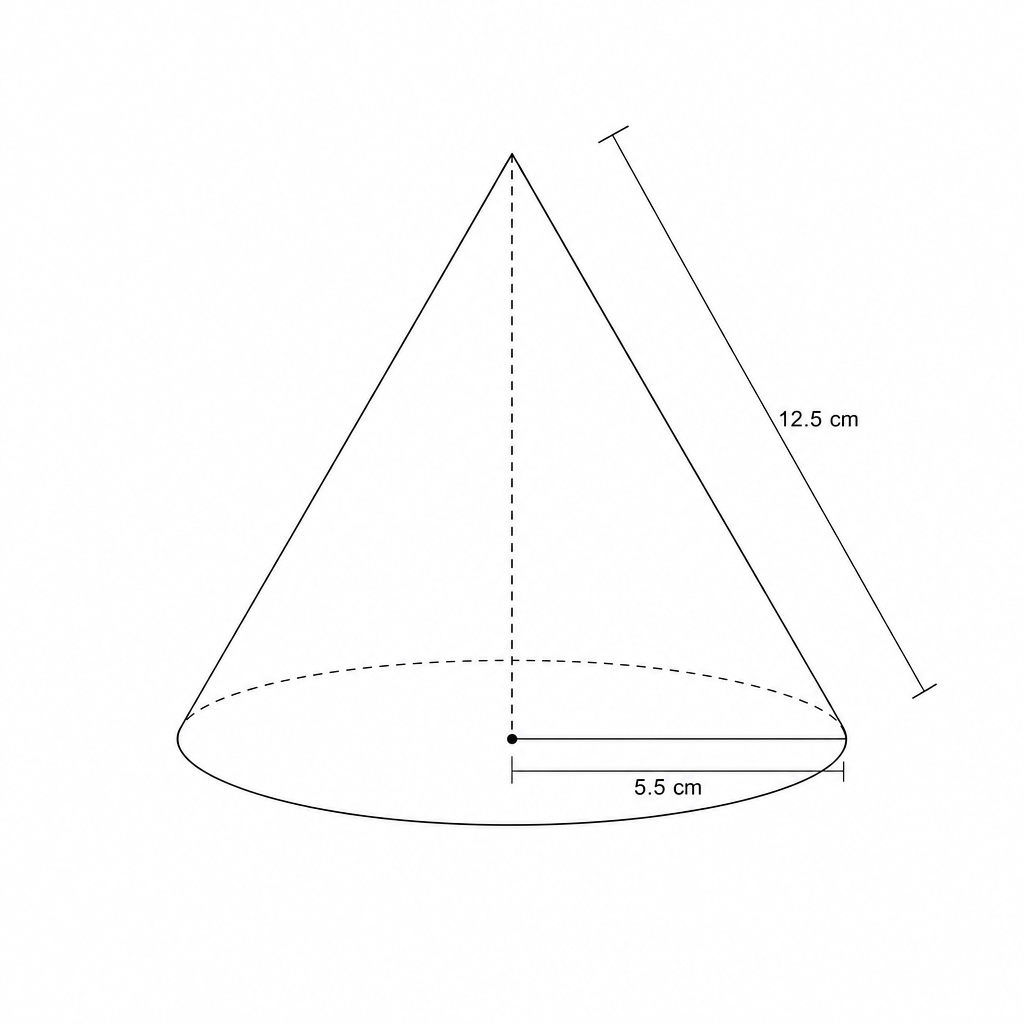 Diagram of a solid cone with slant height 12.5 cm and base radius 5.5 cm.