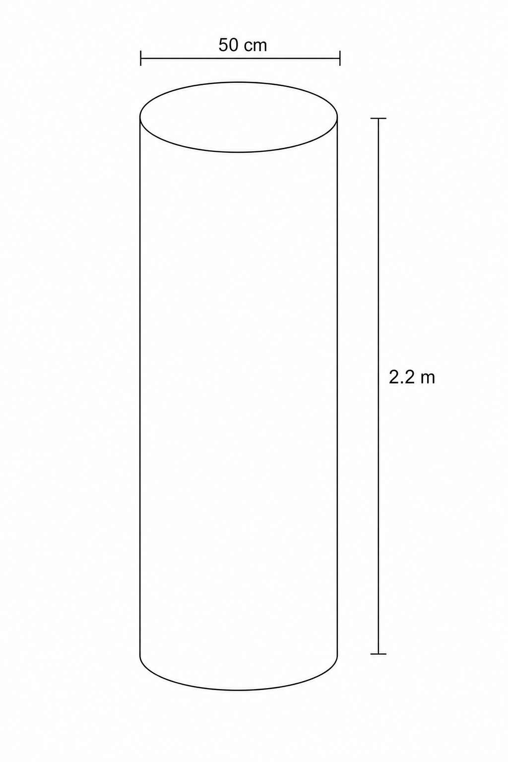 Diagram of a cylindrical tank with diameter 50 cm and height 2.2 m.
