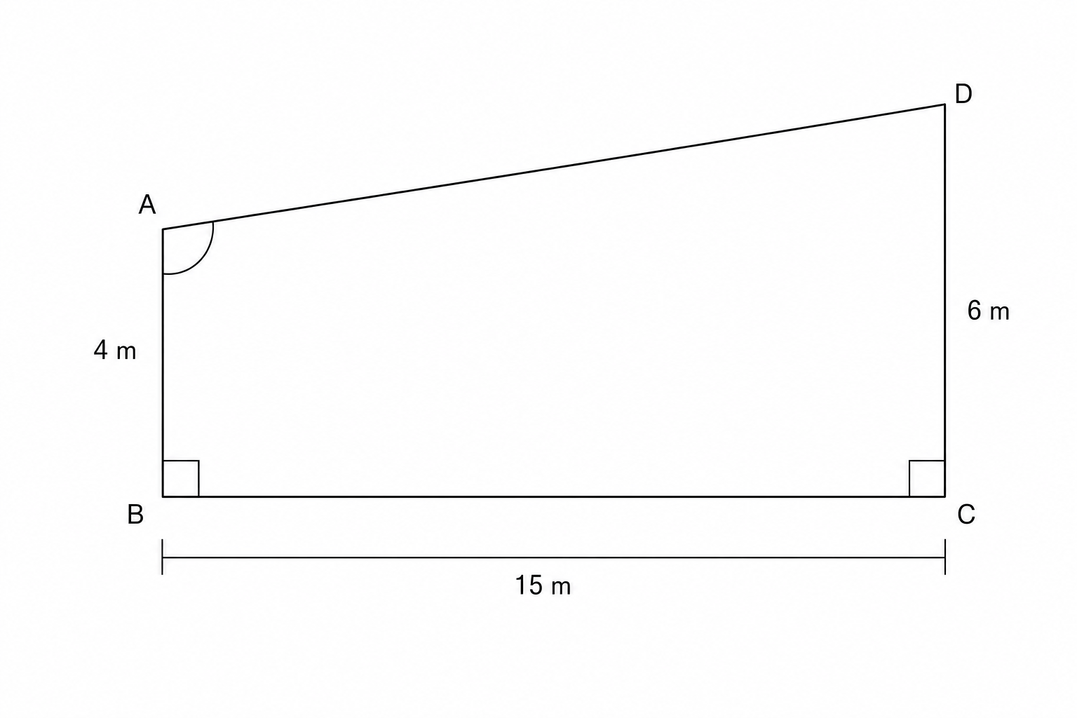 A right-angled trapezoid ABCD with right angles at B and C. Side AB is 4 m, side CD is 6 m, and base BC is 15 m. The angle BAD is to be determined.