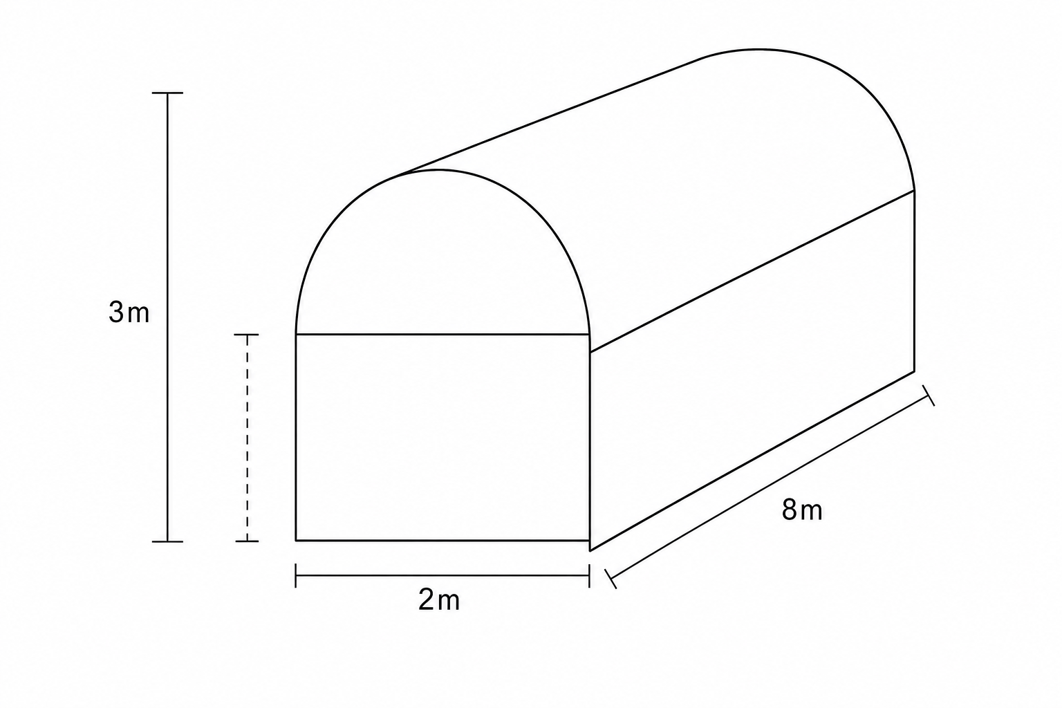 Diagram of a solid consisting of a rectangular prism with a half cylinder on top.