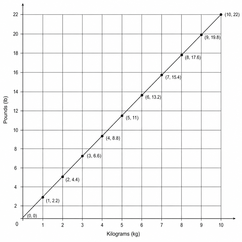 A line graph showing the conversion between kilograms and pounds.