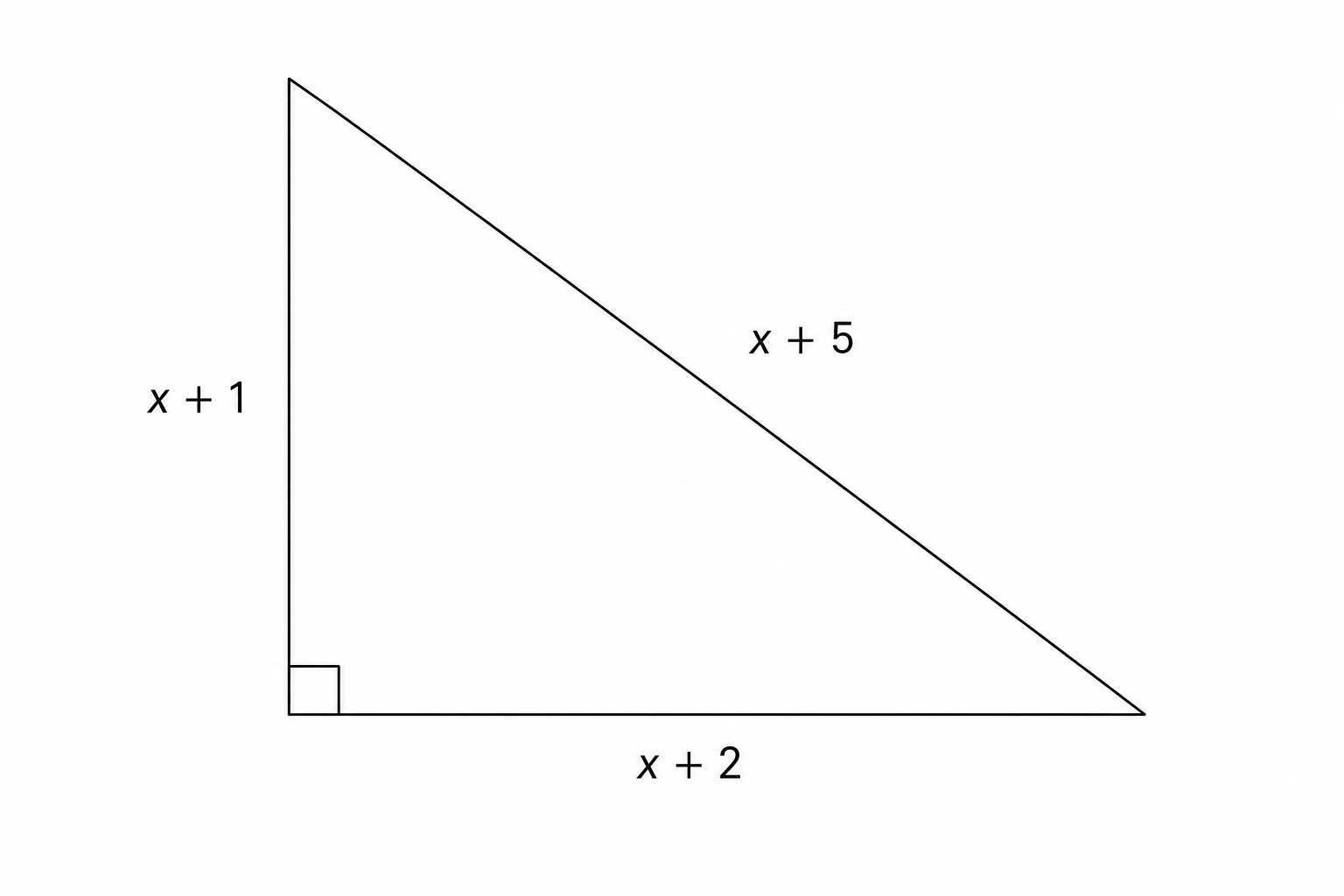 A right-angled triangle with a vertical side labeled x + 1, a horizontal side labeled x + 2, and a hypotenuse labeled x + 5.