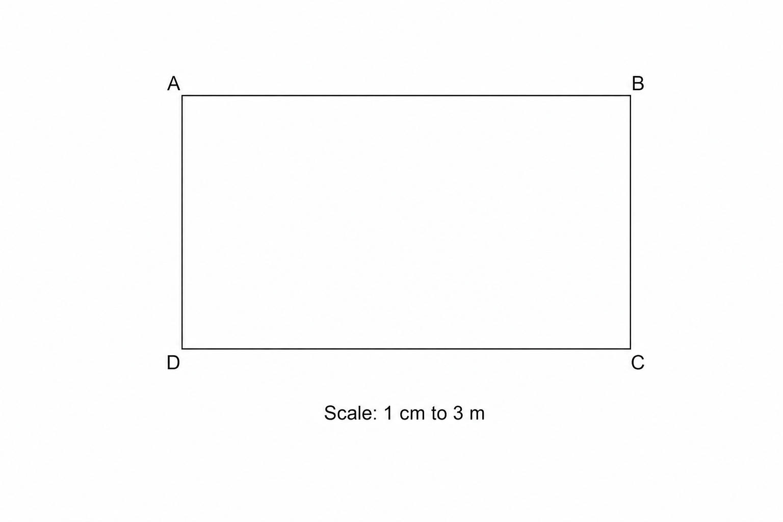 A scale drawing of a playground, represented by a rectangle with vertices labeled A, B, C, and D.
