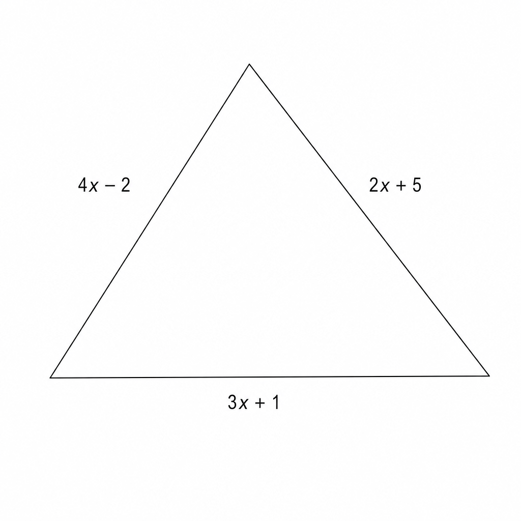 A triangle with side lengths labeled as 4x - 2, 2x + 5, and 3x + 1.