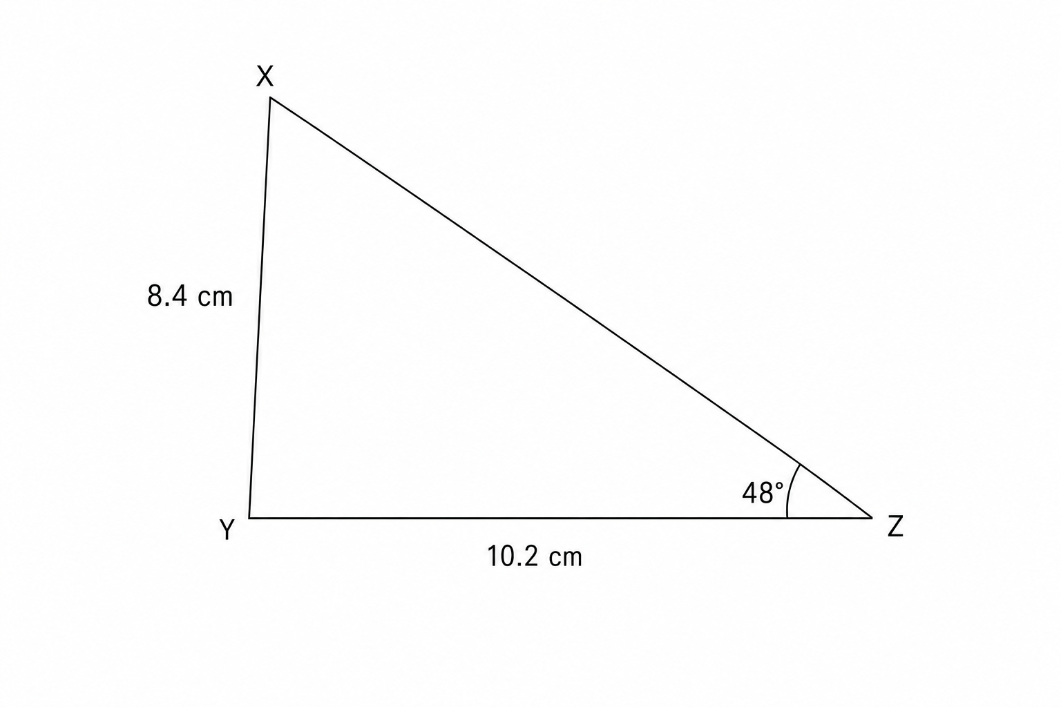 Triangle XYZ with side XY = 8.4 cm, side YZ = 10.2 cm, and angle Z = 48 degrees.