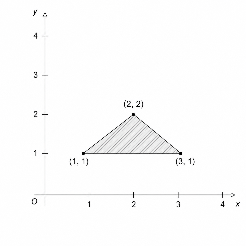 A coordinate grid showing a shaded triangle with vertices at (1, 1), (3, 1), and (2, 2).