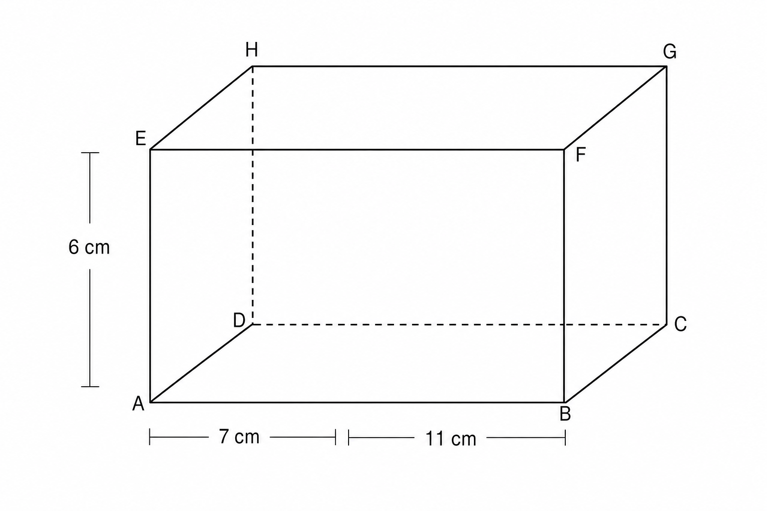 A 3D line drawing of a cuboid ABCDEFGH.