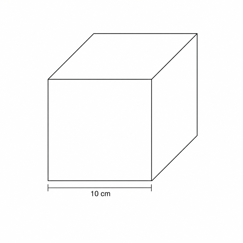 Diagram of a cube with side length 10 cm.