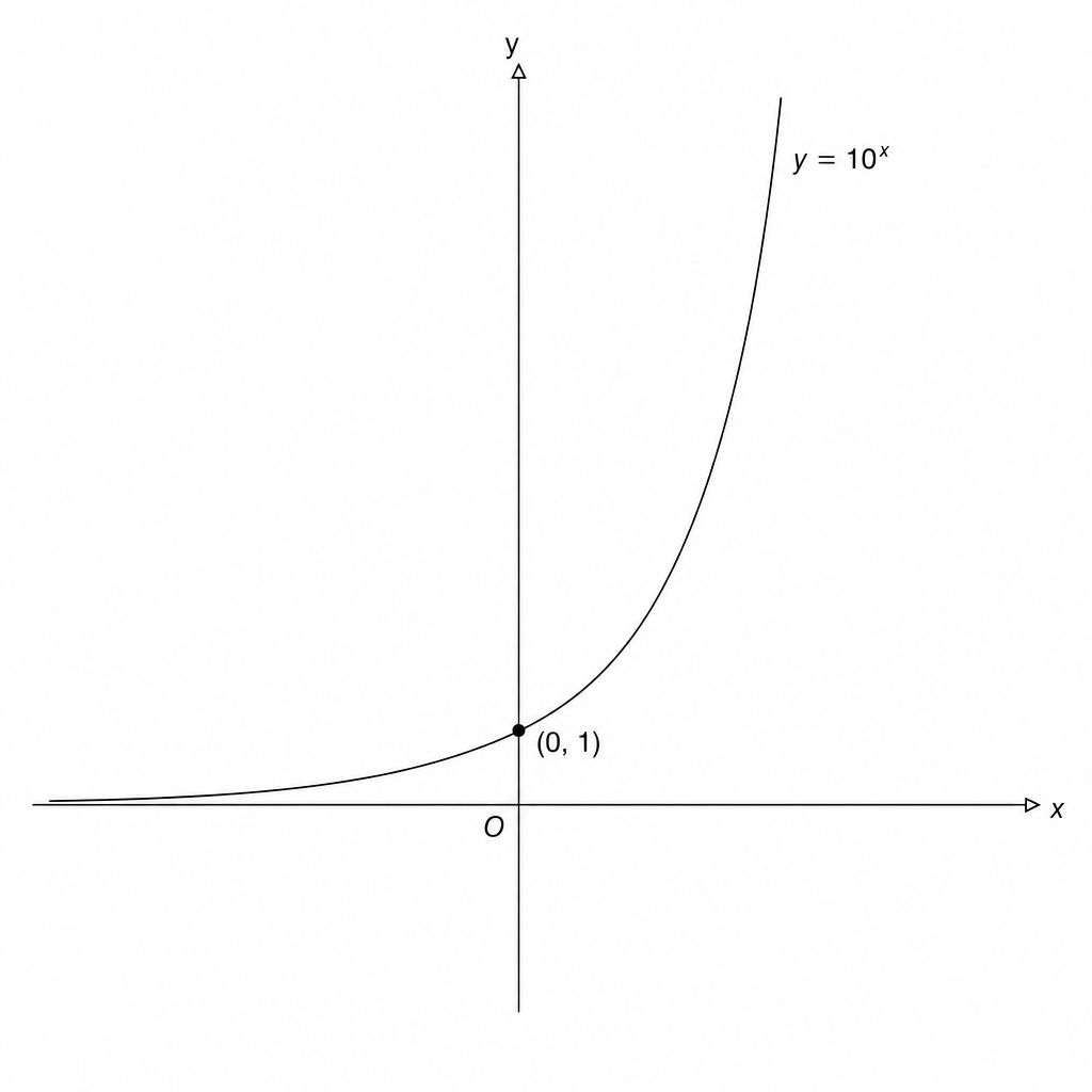 A coordinate system for sketching the curve y = 10^x. The x-axis is labeled x, the y-axis is labeled y, and the origin is labeled O.