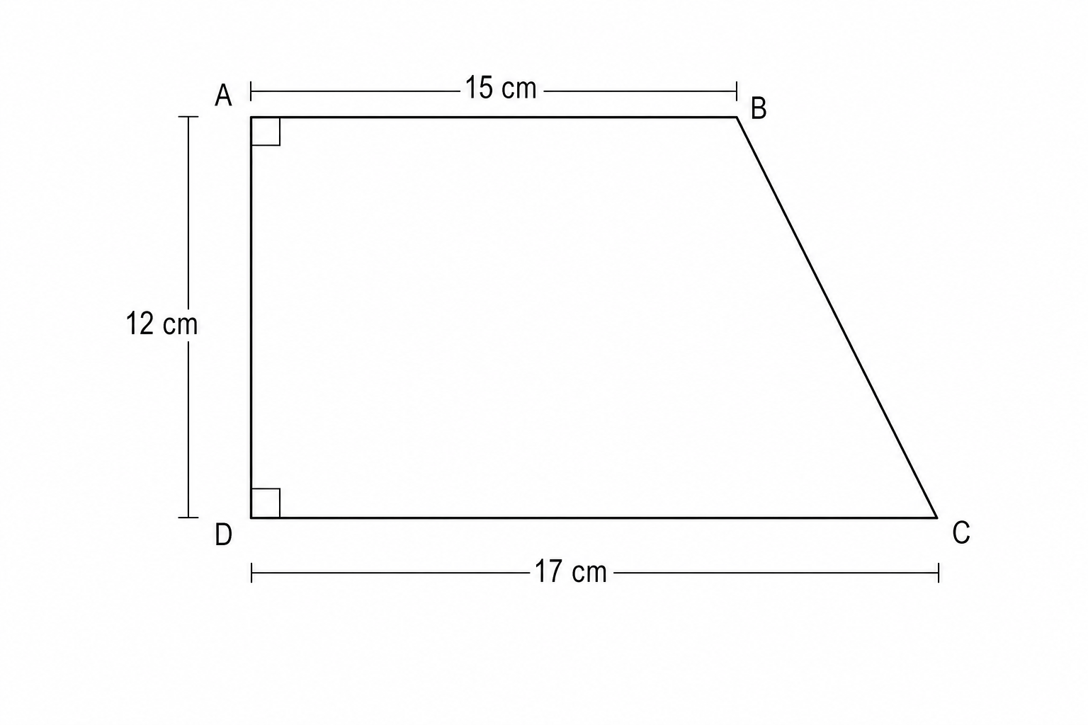 Diagram of trapezium ABCD with side AB = 15 cm, side AD = 12 cm, and side DC = 17 cm.