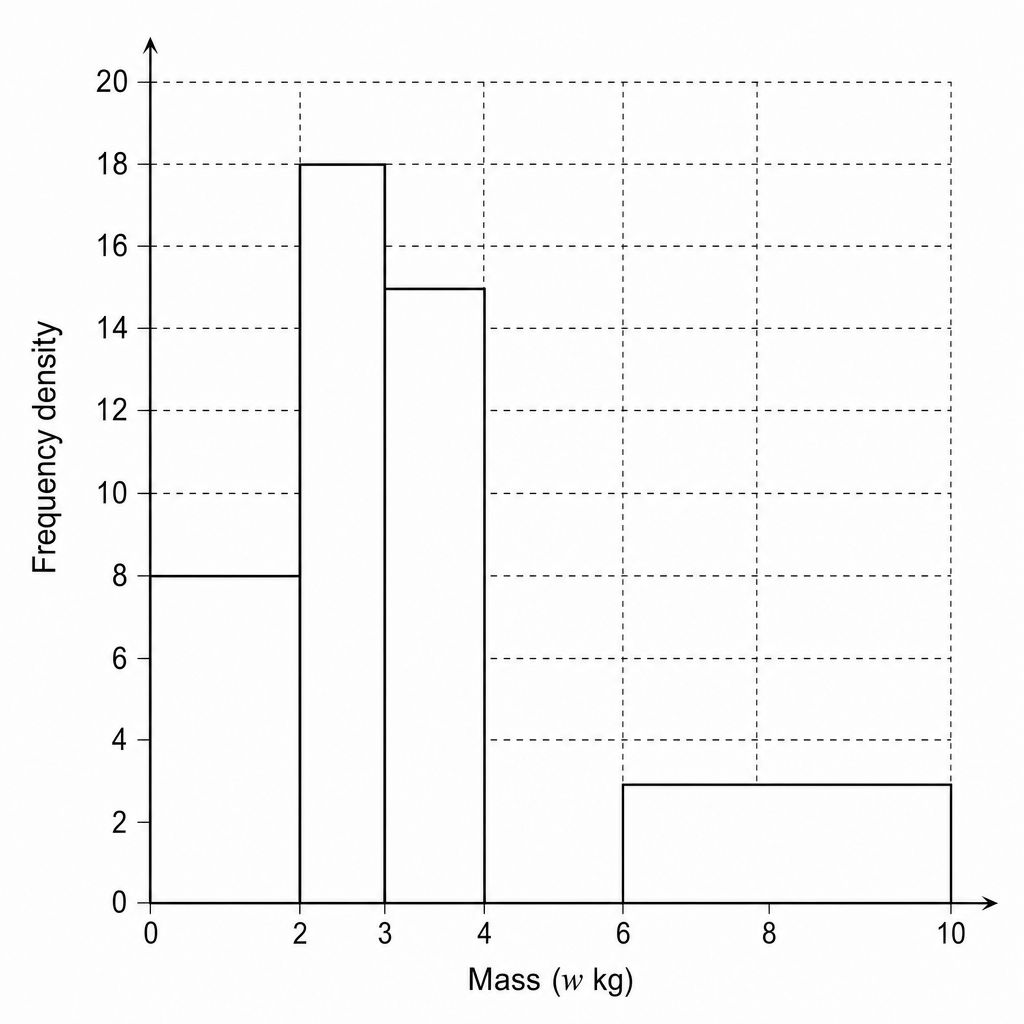 A histogram on a grid showing sugar bag masses.