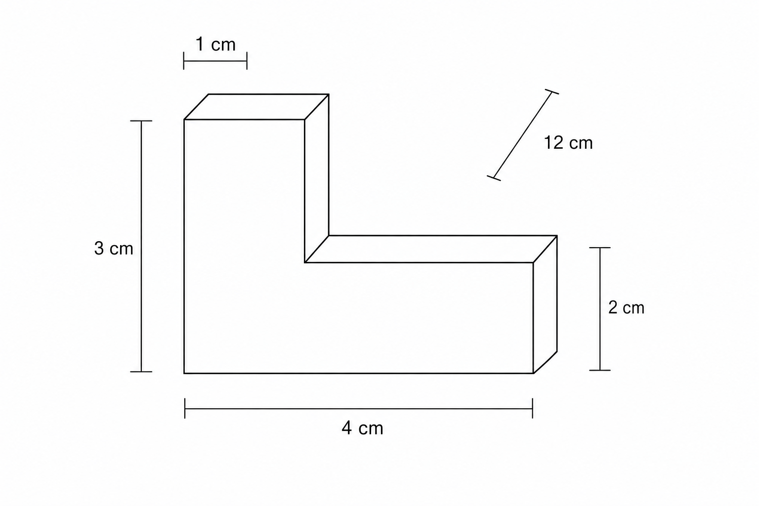 Diagram of a composite prism with dimensions 3 cm, 2 cm, 4 cm, 1 cm, and 12 cm.