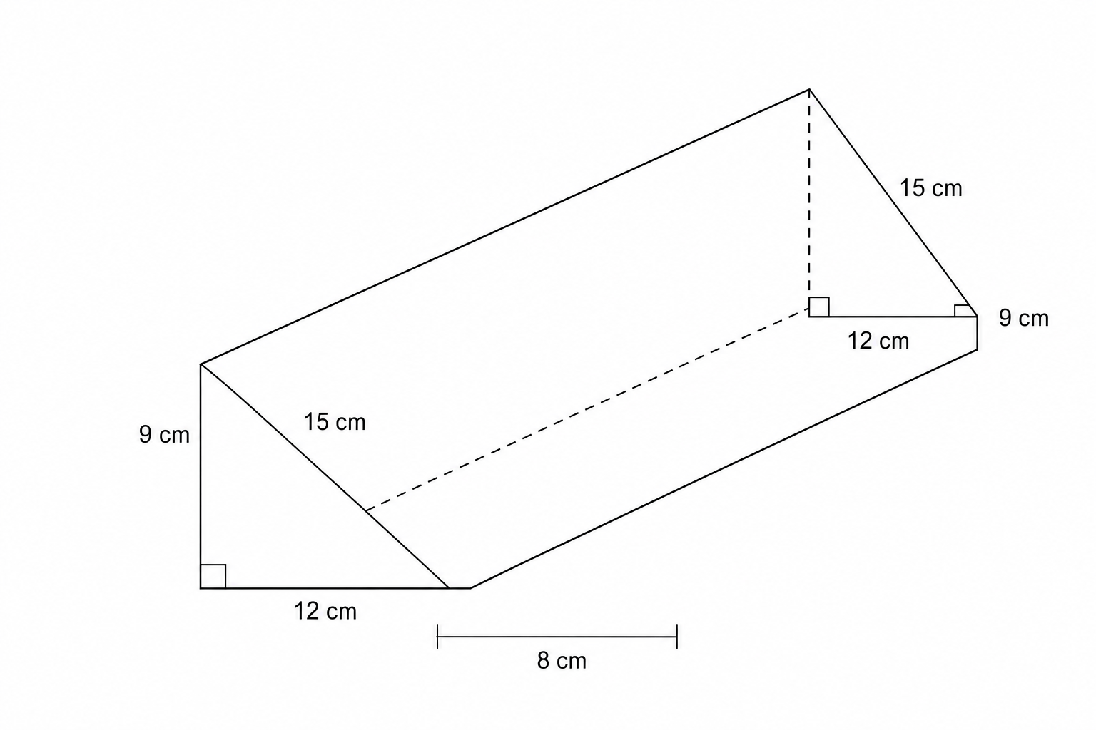 Diagram of a triangular prism. The right-angled triangle faces have sides 9 cm and 12 cm, with a hypotenuse of 15 cm. The depth of the block is 8 cm.