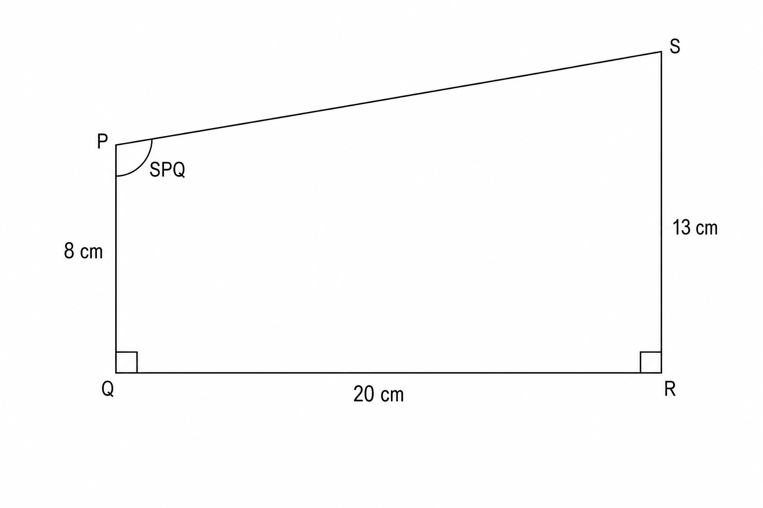 A right-angled trapezoid PQRS with right angles at Q and R. Side PQ is 8 cm, side SR is 13 cm, and base QR is 20 cm. The angle SPQ is to be determined.