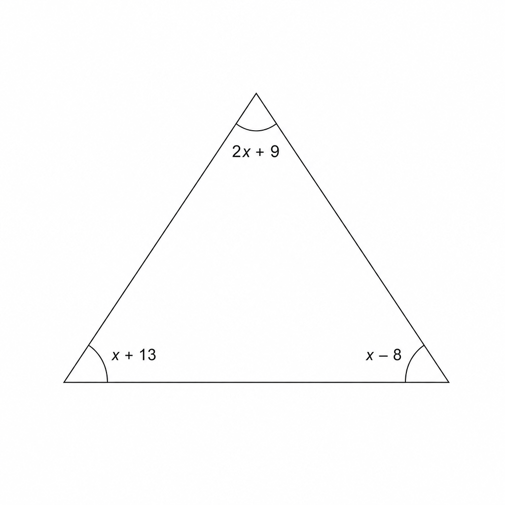 A triangle with three interior angles labeled: 2x + 9, x + 13, and x - 8.