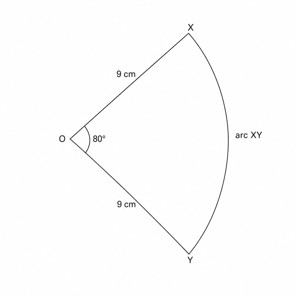 Diagram of a sector XOY with center O, radii 9 cm, and central angle 80 degrees.