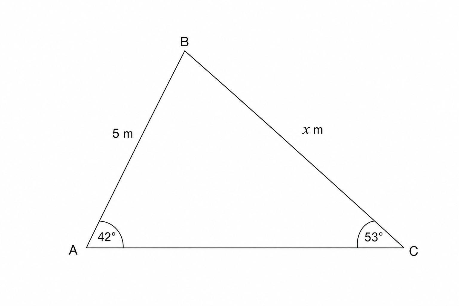 A triangle with vertices A, B, and C. Side AB is 5 m. Angle A is 42 degrees and angle C is 53 degrees.