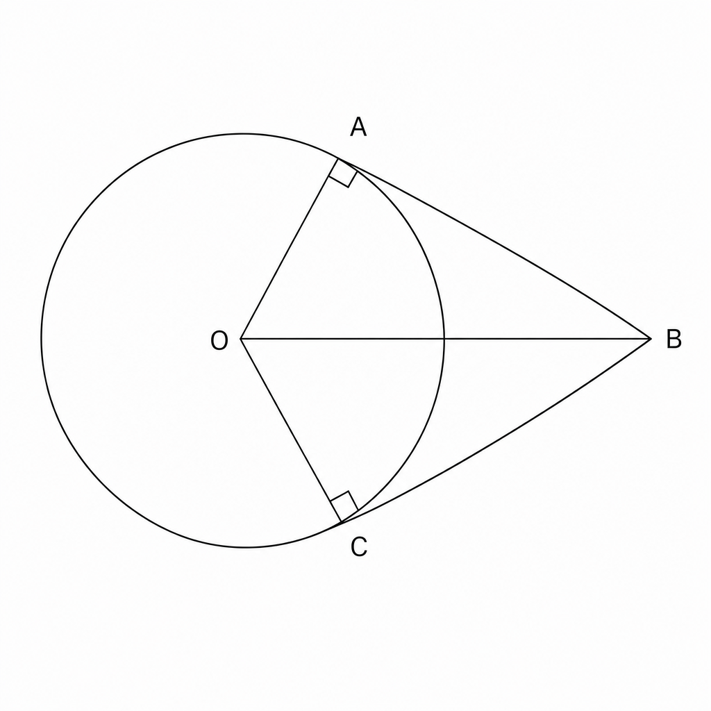 A geometric diagram showing a circle with center O and tangents AB and BC.