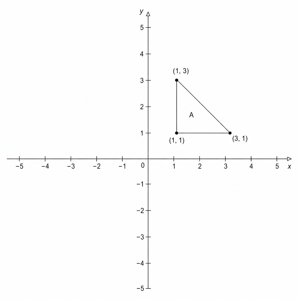 A coordinate grid with x and y axes ranging from -5 to 5. A right-angled triangle labeled 'A' is plotted in the first quadrant.