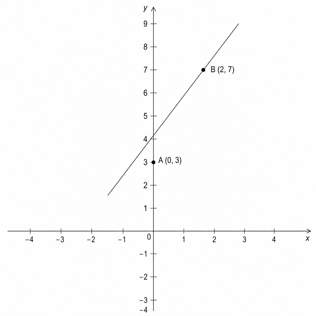 A Cartesian coordinate system showing a straight line passing through points A and B. Point A is at (0, 3) and point B is at (2, 7).
