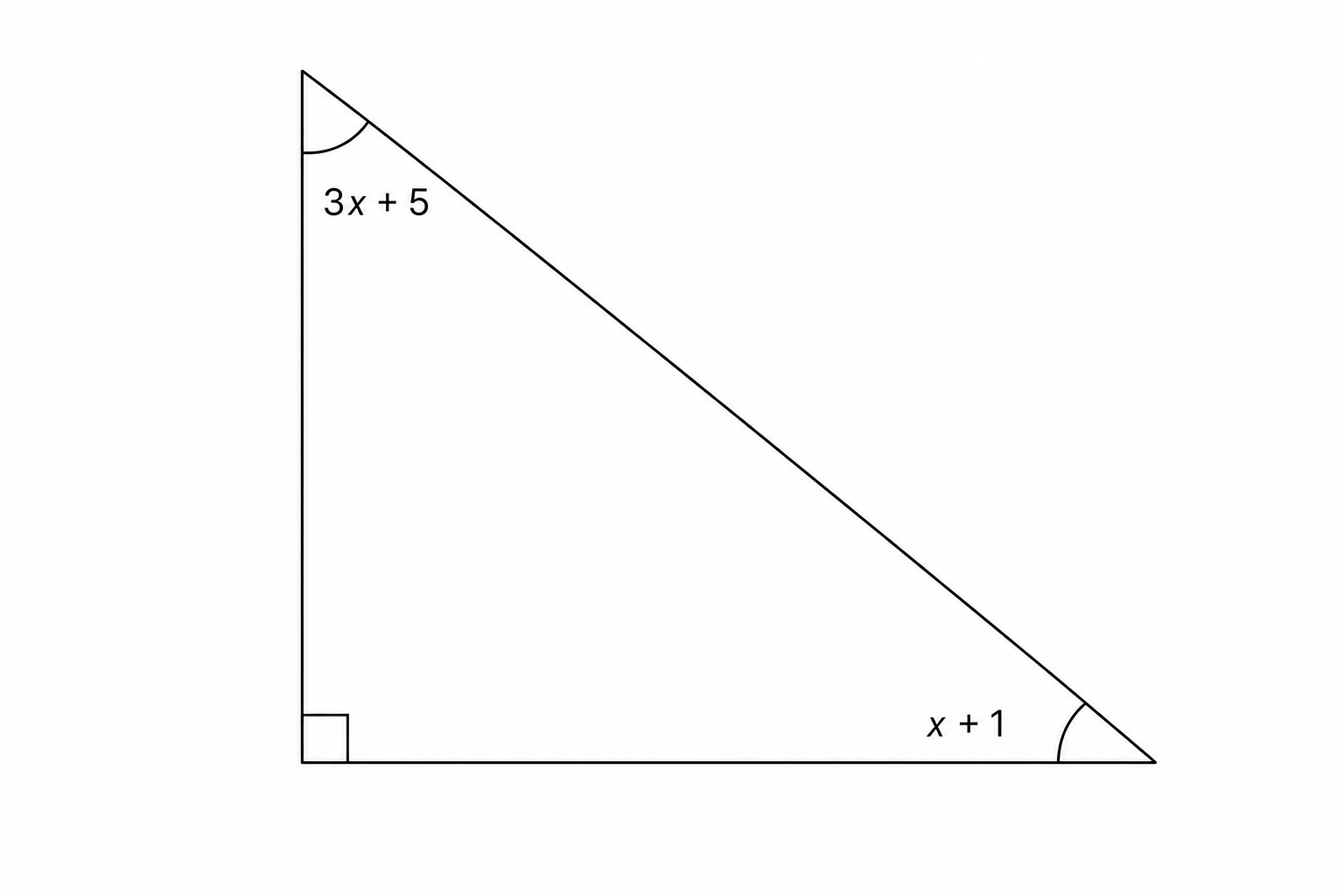 A right-angled triangle with a vertical side on the left and a horizontal base. The top angle is labeled 3x + 5. The bottom-right angle is labeled x + 1. A small square at the bottom-left vertex indicates a right angle.