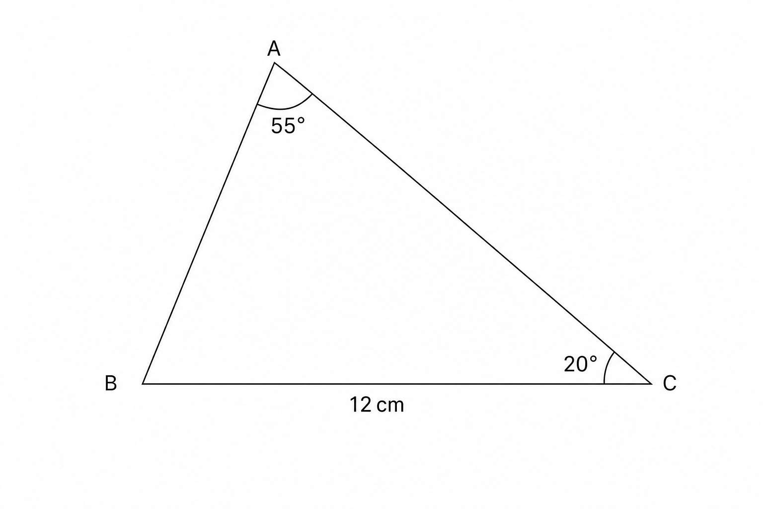 Triangle ABC with angle A = 55 degrees, angle C = 20 degrees, and side BC = 12 cm.