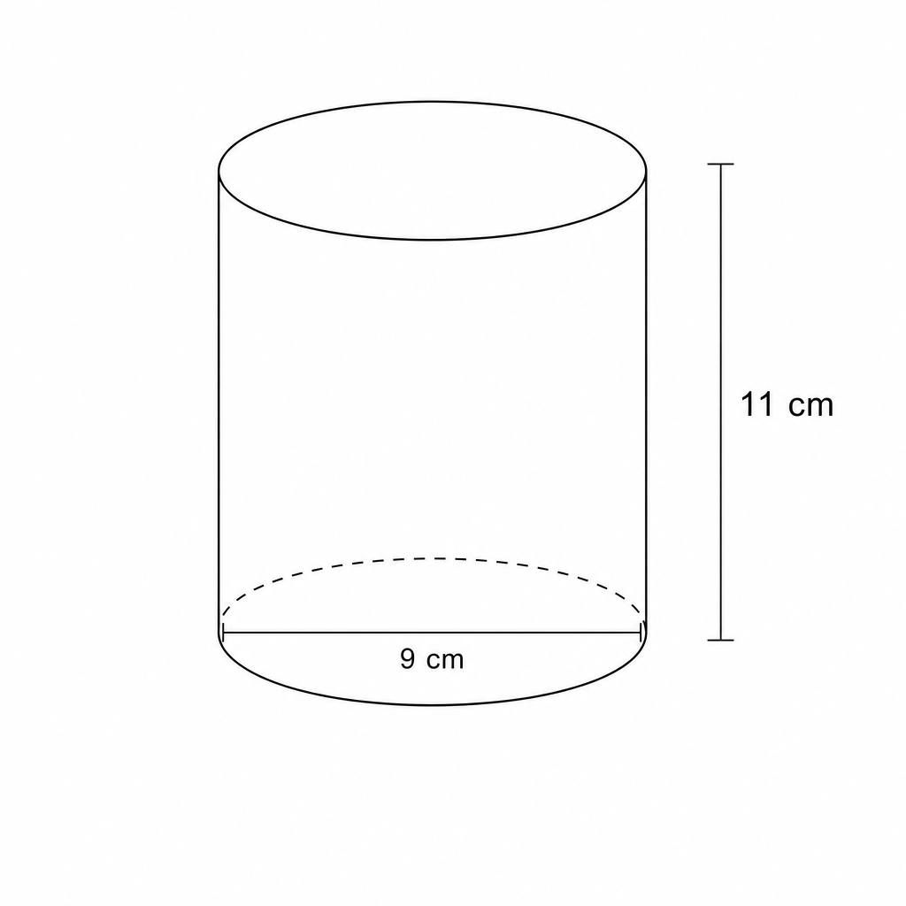 Diagram of a cylinder with diameter 9 cm and height 11 cm.