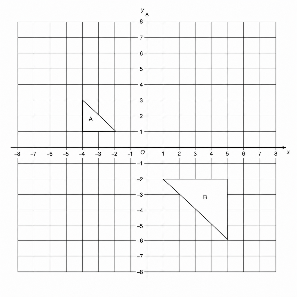 A coordinate plane with x and y axes ranging from -8 to 8. Triangle A is a right-angled triangle with vertices at (-4, 1), (-4, 3), and (-2, 1). Triangle B is a right-angled triangle with vertices at (1, -2), (5, -2), and (5, -6). The origin is labeled O.