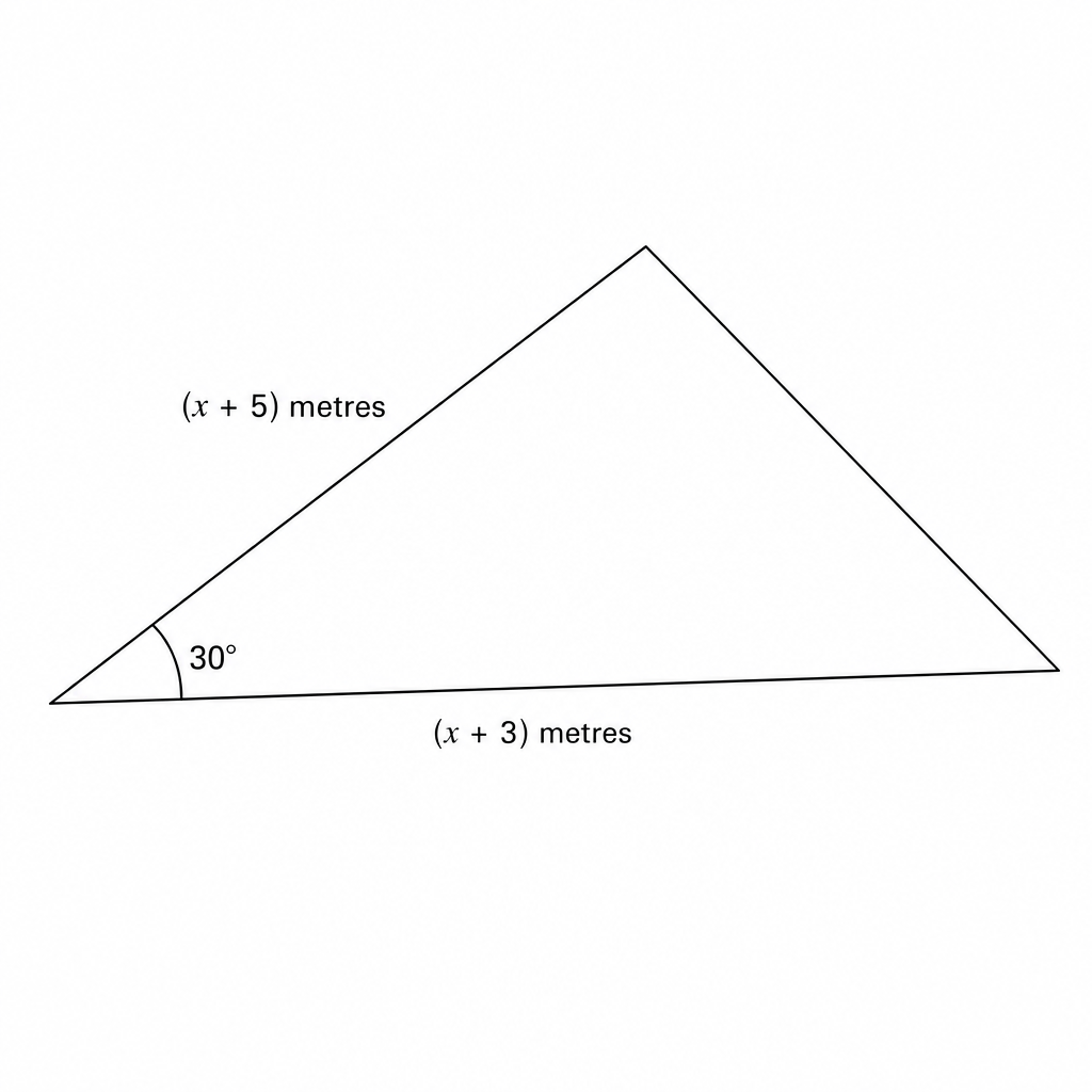 A triangular garden plot has two sides of length (x + 3) metres and (x + 5) metres, with an included angle of 30 degrees.
