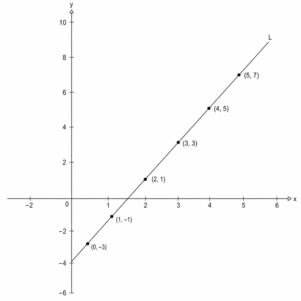 A Cartesian coordinate system showing a straight line L. The x-axis ranges from -2 to 6, and the y-axis ranges from -6 to 10. Line L passes through the points (0, -3), (1, -1), (2, 1), (3, 3), (4, 5), and (5, 7).