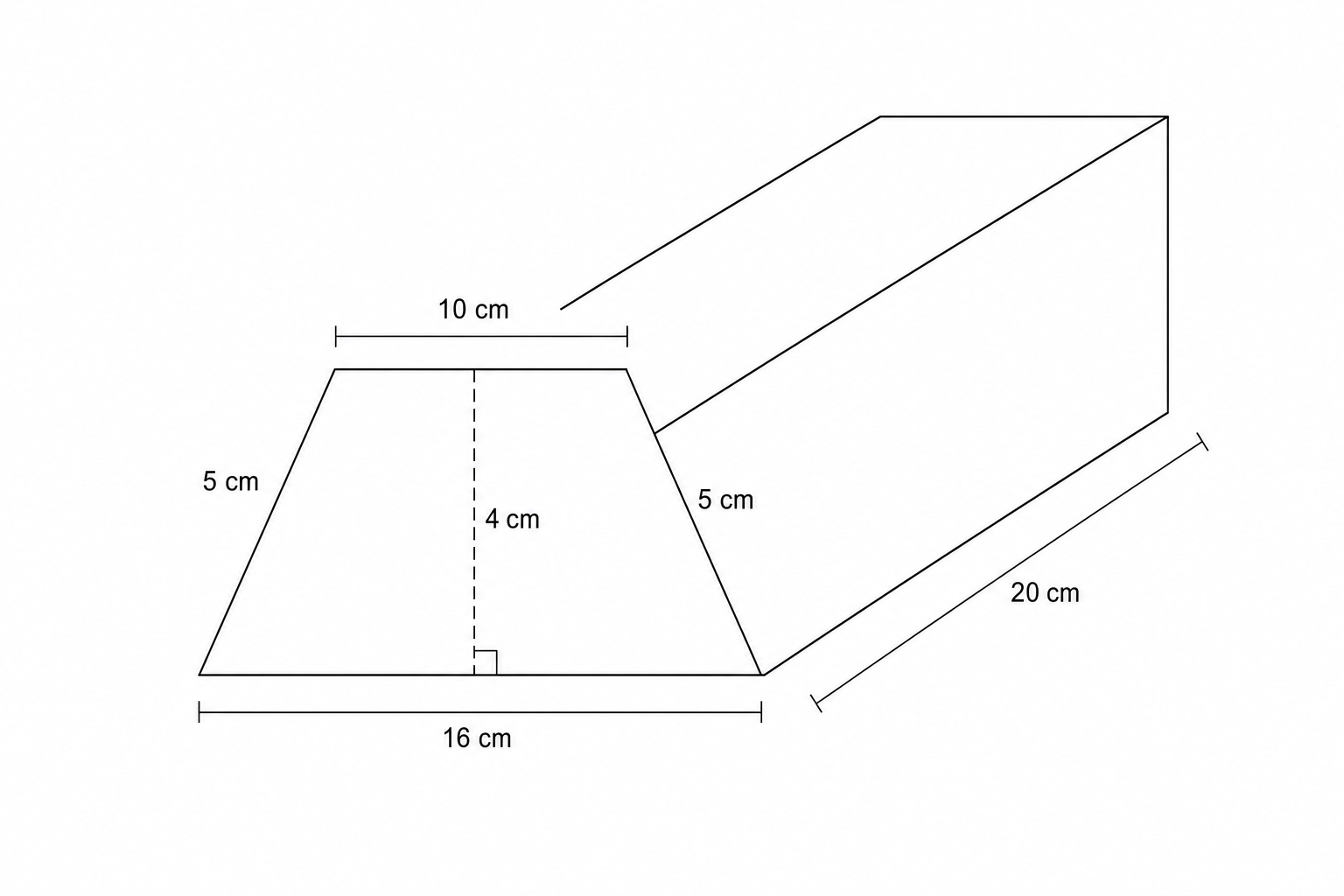 A trapezoidal prism: top base 10 cm, bottom base 16 cm, height 4 cm, slant side 5 cm, and length 20 cm.