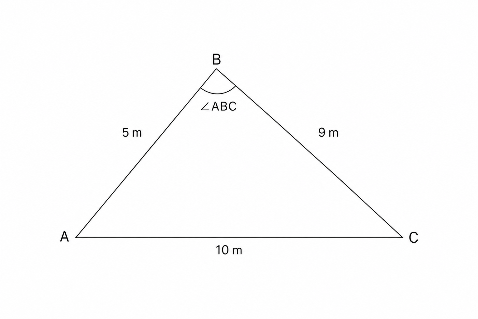 A triangle ABC with side lengths AB = 5 m, BC = 9 m, and AC = 10 m. The angle at vertex B is labeled ABC.