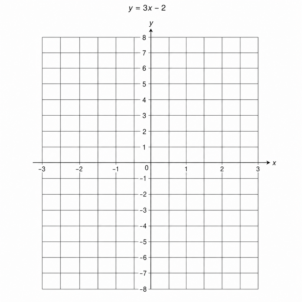 A coordinate grid for drawing the graph of y = 3x - 2.
