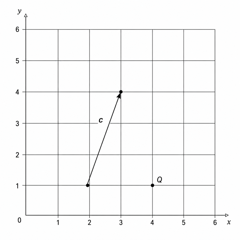 A grid with a vector c and a point Q. Vector c starts at (2, 1) and ends at (3, 4). Point Q is at (4, 1).