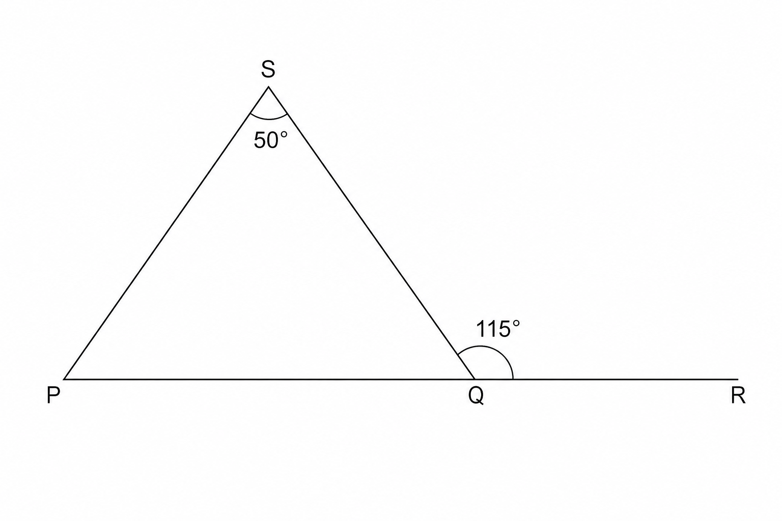 Triangle PQS with exterior angle 115 at Q and angle 50 at S.