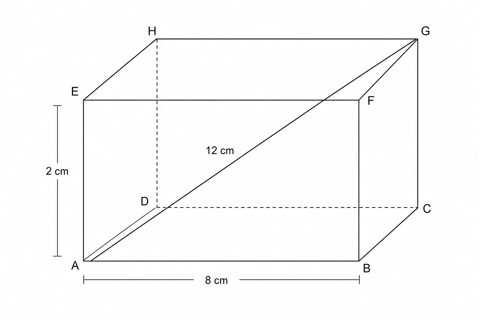 A 3D line drawing of a cuboid ABCDEFGH.